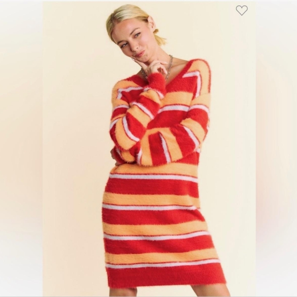 DAVI & DANI Striped Boho Fleece Orange and Yellow Sweater Dress